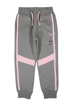 Pantalon de survêtement gris avec bandes latérales roses, motifs chevron aux genoux, poignets élastiques, taille à cordon et texte rose brillant "love" sur la jambe droite.