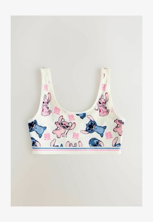 Fehér rövid top színes mesefigurákkal, világos rózsaszín és kék rajzolt karakterekkel. Puha anyag, széles pántokkal és elasztikus övvel.