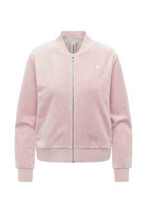 Jasnoróżowa kurtka bomber z delikatną kwiatową fakturą, srebrnym przednim zamkiem błyskawicznym, ściągaczami na mankietach i w pasie oraz małym okrągłym metalowym logo na piersi.
