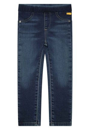 Dark blue children's denim jeans with elastic waistband, front pockets, and subtle fading on thighs and knees.