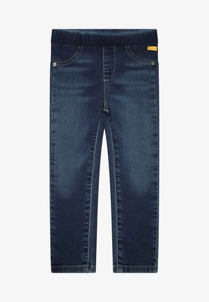 Jean en denim bleu foncé pour enfants avec ceinture élastique, poches avant et légère décoloration sur les cuisses et les genoux.