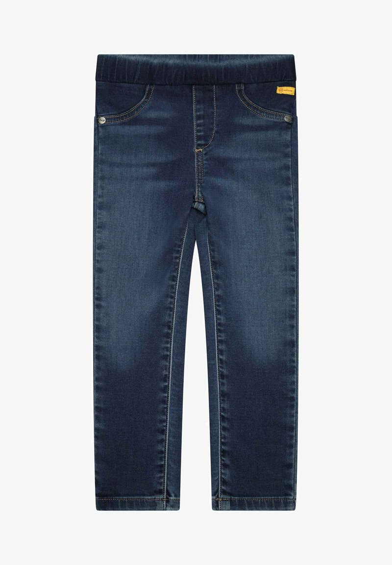 Jean en denim bleu foncé pour enfants avec ceinture élastique, poches avant et légère décoloration sur les cuisses et les genoux.