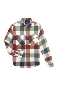 Geknoopte flanellen overhemd met grote, veelkleurige vierkanten in rood, groen, marineblauw en crème. Heeft twee voorzakken en een klassiek kraagontwerp.