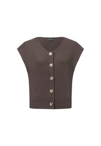 Bruine gebreide cropped vest met een V-hals, korte mouwen en vijf lichtgekleurde knopen aan de voorkant. Ribbelstructuur over het gehele vest.