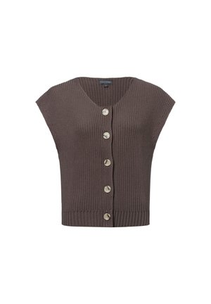 Bruine gebreide cropped vest met een V-hals, korte mouwen en vijf lichtgekleurde knopen aan de voorkant. Ribbelstructuur over het gehele vest.