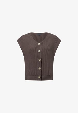 Bruine gebreide cropped vest met een V-hals, korte mouwen en vijf lichtgekleurde knopen aan de voorkant. Ribbelstructuur over het gehele vest.