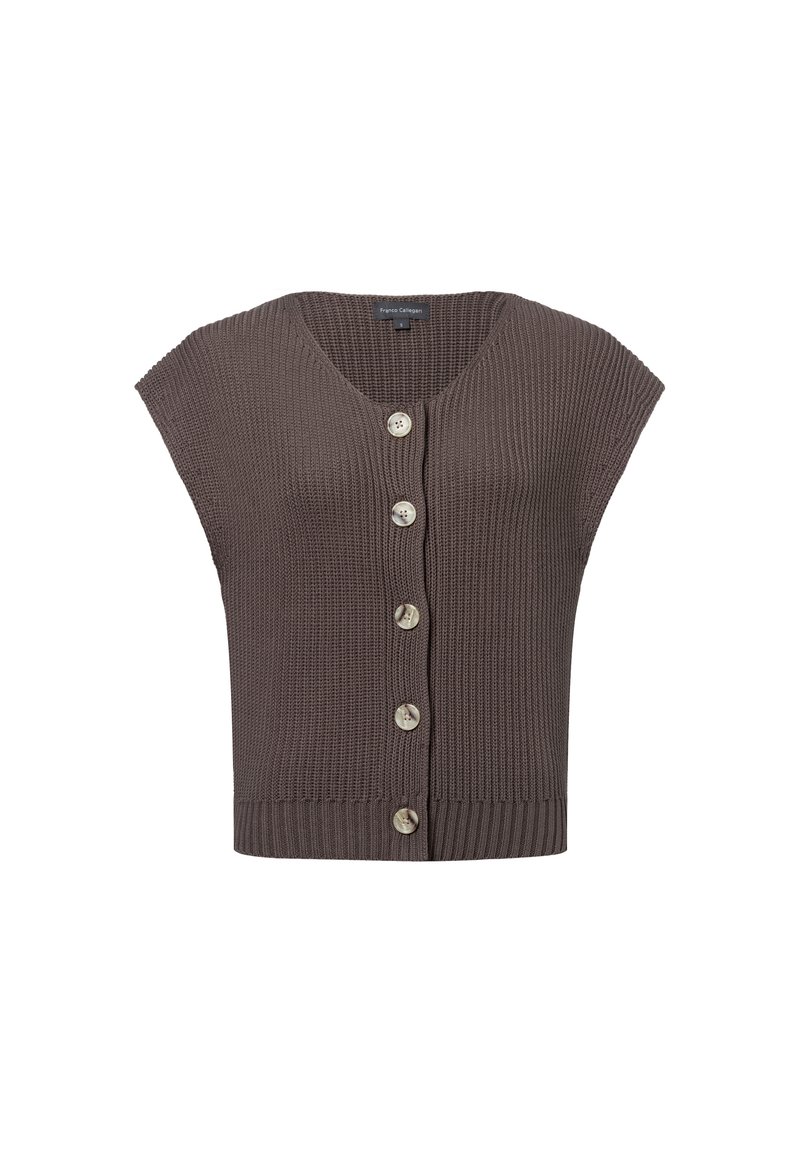 Bruine gebreide cropped vest met een V-hals, korte mouwen en vijf lichtgekleurde knopen aan de voorkant. Ribbelstructuur over het gehele vest.