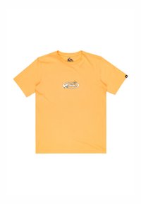 Camiseta de algodón de manga corta amarilla, con un gráfico central de una montaña y hojas en un diseño circular.