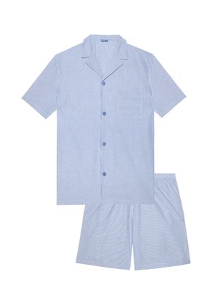 Pyjama composé d'une chemise à manches courtes boutonnée bleu clair à fines rayures blanches avec poche poitrine, et d'un short assorti à taille élastique.