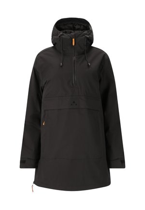 Veste pull noire imperméable avec capuche, dotée d'une poche avant, fermeture éclair, cordons réglables et accents orange.