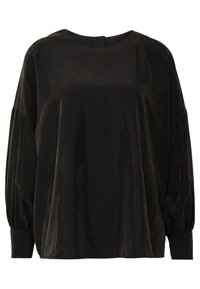 Svart långärmad topp med en avslappnad passform, rund halsringning, insydda ballongsärmar och en mjuk satinliknande textur.