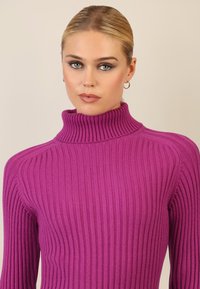 Maglione fucsia a coste con collo alto e maniche lunghe, caratterizzato da un colletto alto e un motivo a maglia testurizzato che aggiunge profondità e interesse visivo.