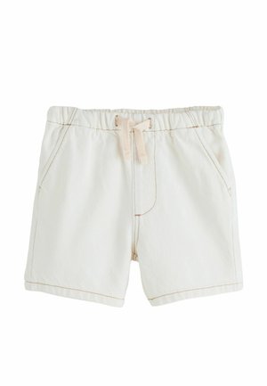 Weiße Shorts für Kleinkinder mit elastischem Bund, Kordelzug, Vordertaschen und sichtbaren braunen Nähten.