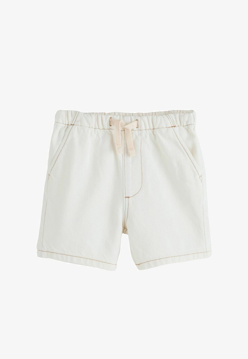 Shorts blancs pour tout-petit avec taille élastique, cordon de serrage, poches avant et surpiqûres marron visibles.