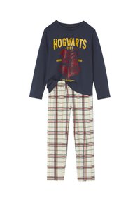 Navy cotton long-sleeve top with "HOGWARTS" graphic; plaid pajama pants in cream, red, and black tones; elastic waistband.