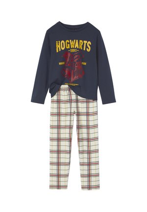 Navyblaues Baumwolloberteil mit langen Ärmeln und "HOGWARTS" Grafik; karierte Schlafanzughosen in Cremetönen, Rot und Schwarz; mit elastischem Bund.