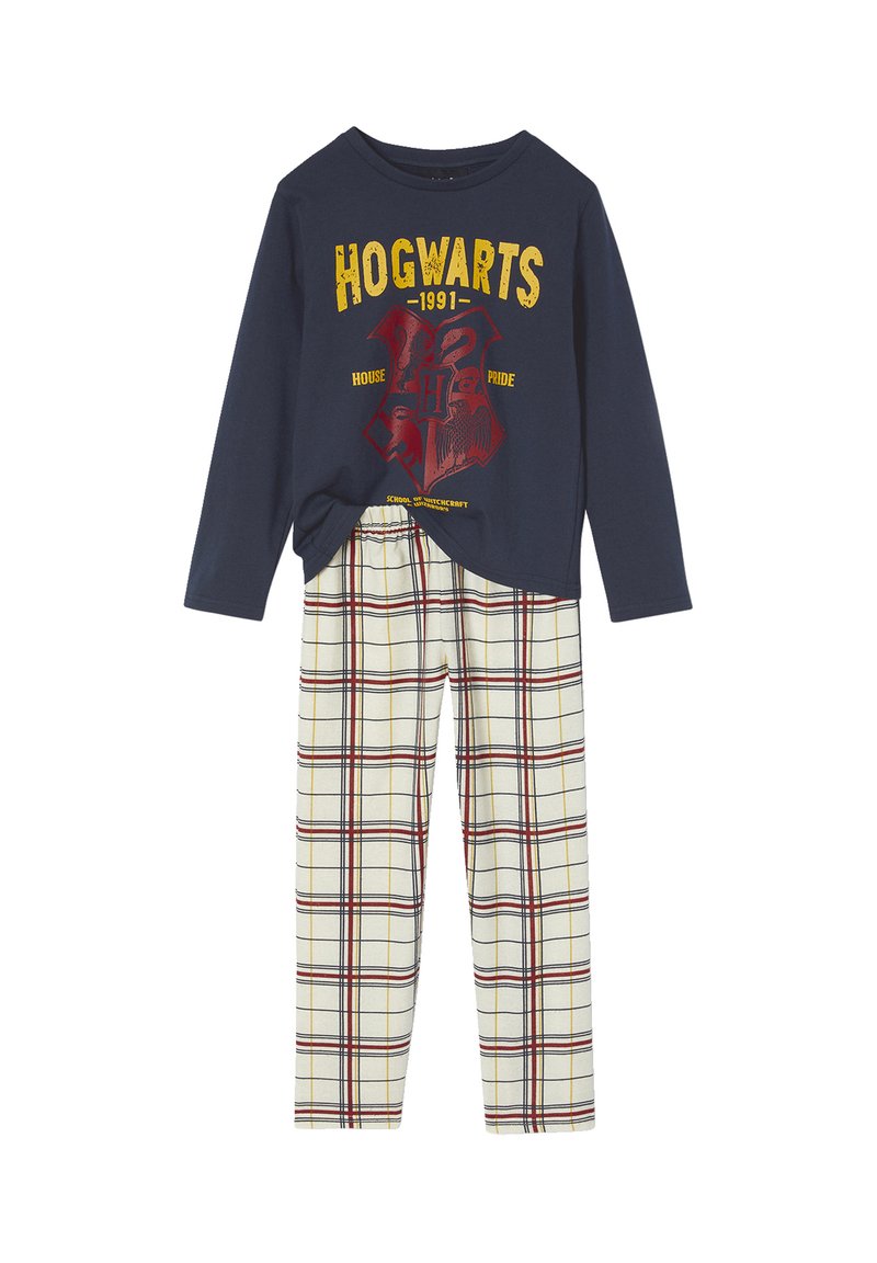 Navy cotton long-sleeve top with "HOGWARTS" graphic; plaid pajama pants in cream, red, and black tones; elastic waistband.