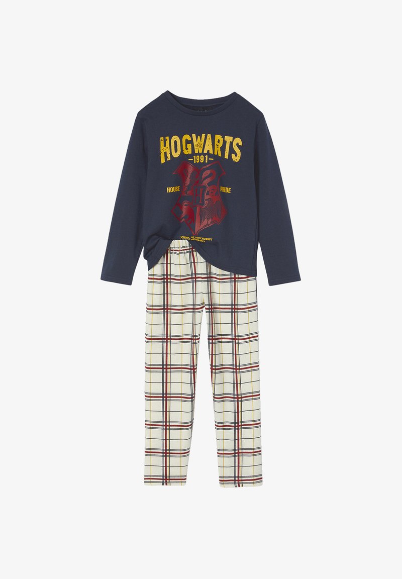Navy cotton long-sleeve top with "HOGWARTS" graphic; plaid pajama pants in cream, red, and black tones; elastic waistband.