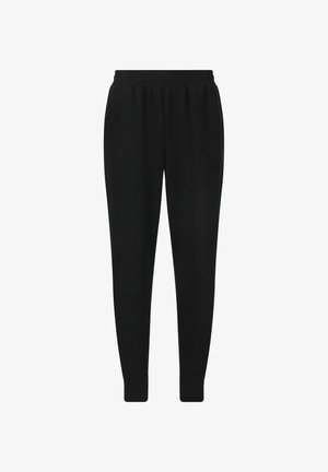 Schwarze, gerippte Jogginghosen mit elastischem Bund, schmal zulaufenden Beinen und enganliegenden Säumen. Hergestellt aus weichem Stoff mit einem strukturierten Muster.
