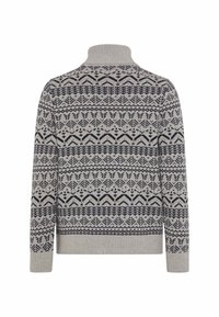 Gestrickter grauer Pullover mit hochgeschlossenem Hals, der ein maritimes geometrisches Muster sowie gerippte Bündchen und Saum aufweist. Weiche Textur, lange Ärmel.