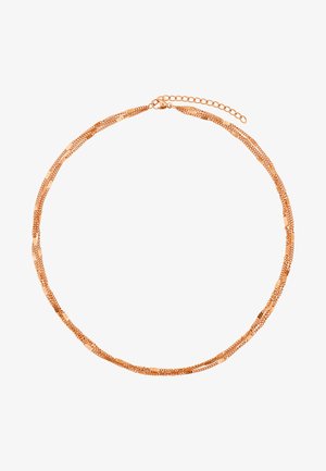 Collana choker in metallo oro rosa con catene intrecciate, anelli testurizzati e chiusura regolabile con estensione a catena.