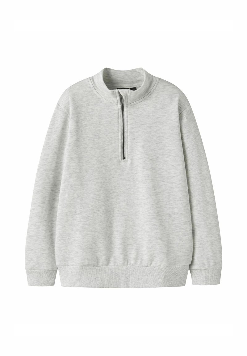 Hellgrauer Sweatshirt mit hohem Kragen und kurzem Reißverschluss, verfügt über einen gerippten Kragen und Bündchen, weichen Stoff und eine entspannte Passform.