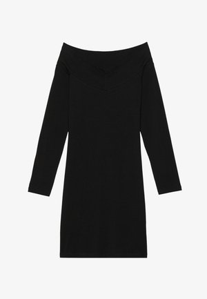 Sort off-the-shoulder kjole med lange ærmer, med en V-formet halsudskæring. Fremstillet af glat stof, har den en tætsiddende silhuet.