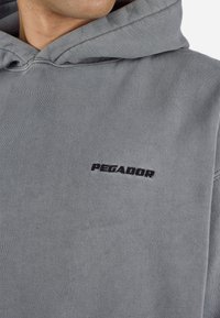 Sudadera gris claro con capucha ajustable, con el logo bordado en negro "PEGADOR" en el frente. Tejido suave y ligeramente texturizado.