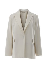 Cremefarbener Blazer mit Reverskragen, einschlägiger Knopfverschluss, zwei Seitentaschen und langen Ärmeln aus einem glatten, taillierten Stoff.