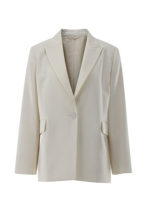 Cremefarbener Blazer mit Reverskragen, einschlägiger Knopfverschluss, zwei Seitentaschen und langen Ärmeln aus einem glatten, taillierten Stoff.