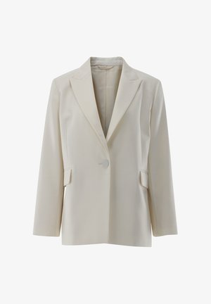 Cream-colored blazer with a notched collar, single button closure, two side pockets, and long sleeves in a smooth, tailored fabric.