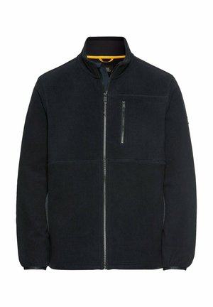 Zwarte fleecejack met een hoge kraag, een rits aan de voorkant en een borstzak. Beschikt over elastische manchetten en een gladde, zachte textuur.