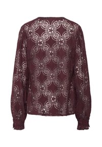 Blusa in pizzo bordeaux a maniche lunghe con motivi floreali e geometrici, caratterizzata da polsi leggermente arr gathered e un collo tondo.