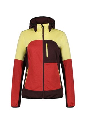 Hooded jacket with front zipper, chest and side zip pockets, color blocked in yellow, red, and dark brown panels.