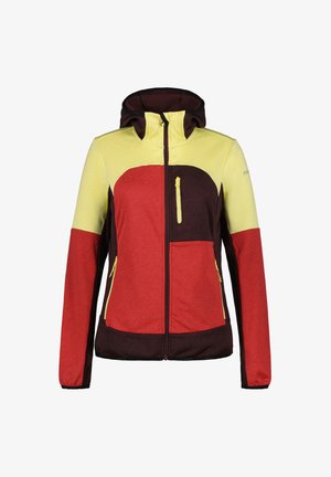 Veste à capuche avec fermeture éclair frontale, poches zippées sur la poitrine et les côtés, color-blockée avec des panneaux jaunes, rouges et marron foncé.