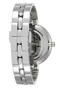 Orologio in acciaio inox argentato con finitura lucida, dotato di un bracciale a maglie e cassa rotonda, che presenta un design minimalista e un quadrante chiaro.