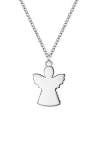 Sidabrinė angelo pakabuko apyrankė su sparnais, turinti glotnų, poliruotą paviršių ir paprastą, geometrinę formą ant grandinėlės.