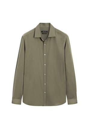 Camicia a maniche lunghe verde oliva in cotone con chiusura a bottoni, colletto a punta e una texture sottile. Presenta bottoni in argento.