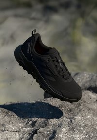 Chaussure de sport noire avec une tige texturée, une semelle rembourrée et un système de laçage, affichant le logo « Terrex » sur le côté.
