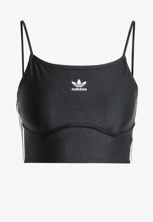 Czarny krótki top sportowy Adidas z cienkimi ramiączkami i białym logo na środku klatki piersiowej.