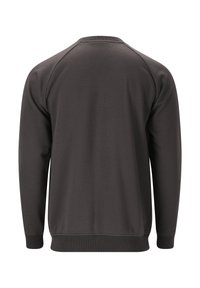 Sweatshirt gris foncé avec un col rond côtelé, des manches raglan longues, et des poignets et un ourlet côtelés. Texture lisse, sans motifs visibles.