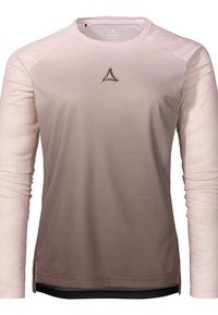 Long-sleeve athletic shirt in gradient pink tones with textured fabric and a logo; features contrasting dark hem and side vents.