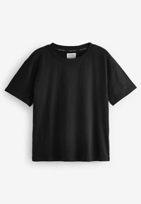 Svart t-shirt med kort ärm i bomull, med rund halsringning och rak nederkant. Slät textur utan synliga mönster eller dekorationer.