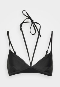 Top de biquíni em triângulo preto, feito de material suave, com alças finas ajustáveis e um detalhe em laço nas costas. Design minimalista.