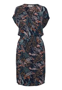 Marineblaues Kleid mit kurzen Ärmeln, das ein florales Muster in Orange, Grün und Weiß zeigt. Elastischer Bund, endet über dem Knie. Leichtes Material.
