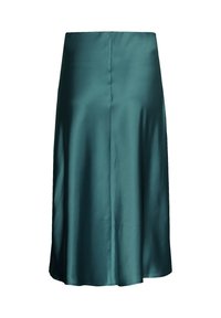 Teal satenska midi suknja, glatke teksture, A-linijskog kroja, s stražnjim šavom i suptilnim sjajem, idealna za formalne ili neformalne prilike.