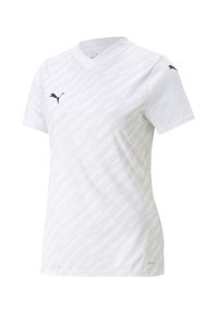T-shirt de sport blanc avec un col en V, fabriqué en tissu respirant. Présente de subtiles rayures diagonales et un logo noir de Puma sur la poitrine et la manche.