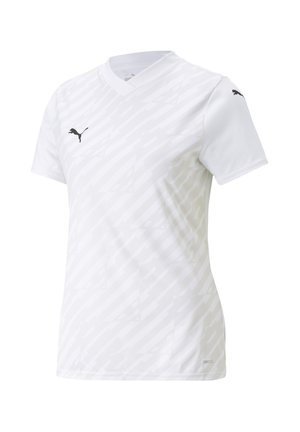 Witte sportshirt met v-hals, gemaakt van ademend materiaal. Heeft subtiele diagonale strepen en een zwart Puma-logo op de borst en de mouw.