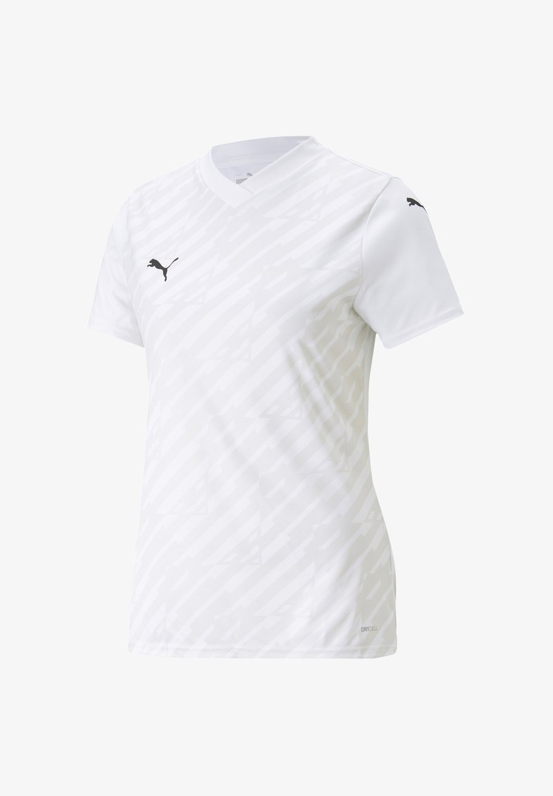 Maglietta sportiva bianca con scollatura a V, realizzata in tessuto traspirante. Presenta sottili strisce diagonali e un logo Puma nero sul petto e sulla manica.