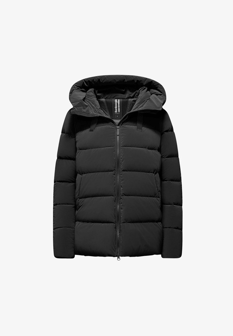 Schwarze Daunenjacke mit Kapuze, ausgestattet mit gesteppten Abschnitten, einem zentralen Reißverschluss und verstellbaren Riemen an der Kapuze für einen sicheren Sitz.